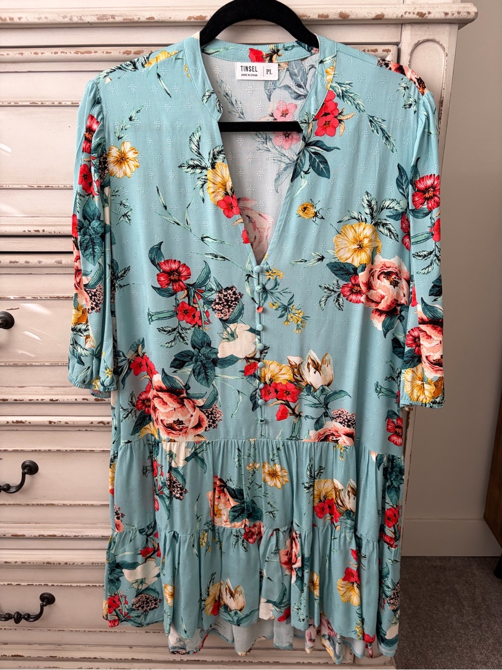 Tinsel Floral Dress in Aqua with Red, Yellow, Cream Flowers